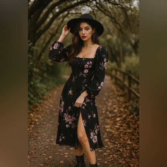 Altar'd State Black Floral Long Sleeve Dress - Picture 1 of 6